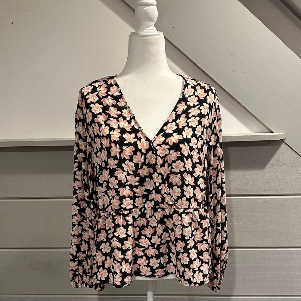POPSUGAR Crossover Babydoll Black and Pink Floral Blouse Size L